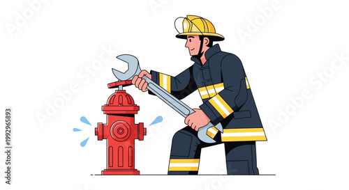 Firefighter adjusting fire hydrant with large wrench in safety gear