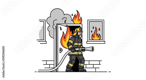 Firefighter cartoon character extinguishing flames in building