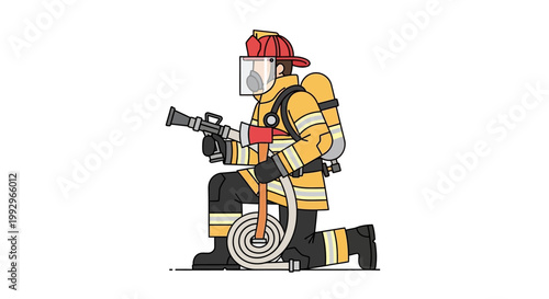 Illustration of firefighter in uniform kneeling with hose and equipment