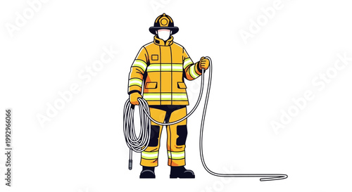 Firefighter in full gear holding hose on white background