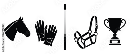 Essential equestrian sport gear, horse riding accessories, and championship trophy for competition success.