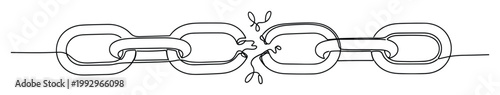 Stylized single continuous line drawing of a chain showing a broken connection ideal for illustrating business challenges or resilience