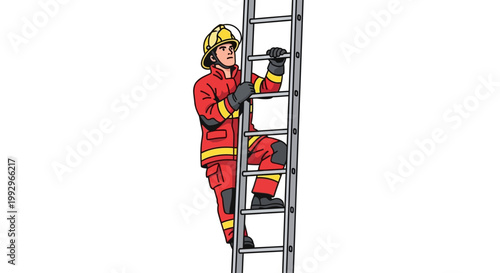 Firefighter in uniform climbing ladder on white background