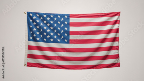 A fabric American flag with vibrant red white and blue colors hangs against a simple light background