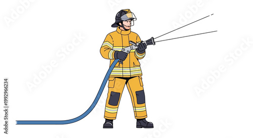 Firefighter in uniform holding hose with water spray illustration