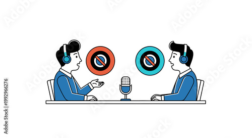 Two men interviewing with headphones on.