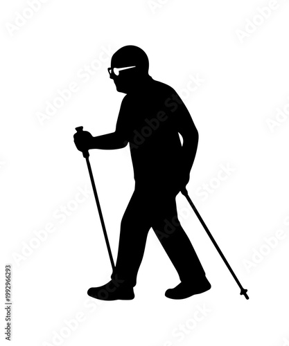 Elderly man silhouette walking with poles, promoting senior fitness and healthy aging