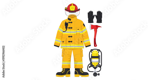 Firefighter uniform and equipment set with axe and helmet