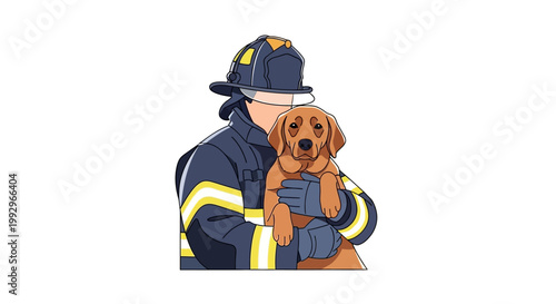Firefighter in uniform holding a rescued dog in arms illustration