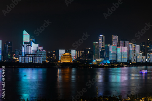 Photography Hangzhou Qianjiang New City skyline at night over the Qiantang River
