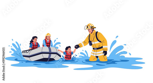 Rescue operation with firefighter helping children in inflatable boat