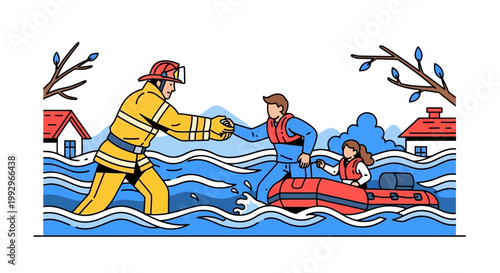 Illustration of firefighter rescuing family during flood emergency