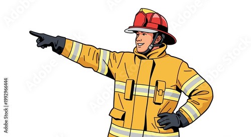 Illustration of firefighter in uniform pointing with confident expression