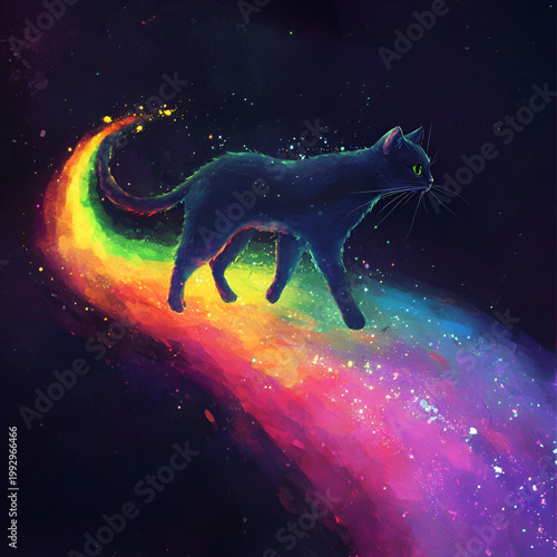 Mystical cat journey through colorful space fantasy realm digital art cosmic environment whimsical viewpoint imagination exploration