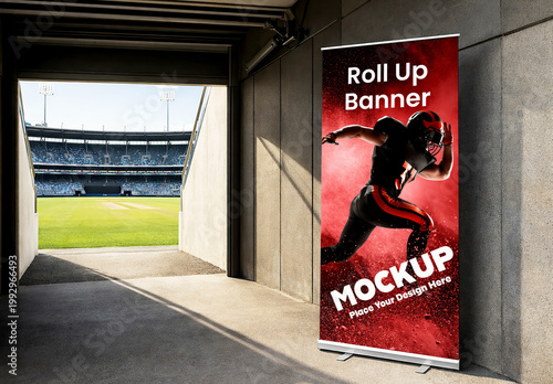 Vertical Roll Up Banner Mockup at Sports Stadium