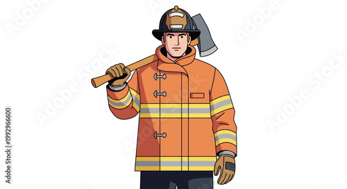 Illustration of a firefighter in uniform holding an axe