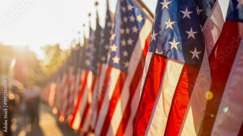 A long row of American flags stands proudly under warm golden hour sunlight