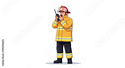 Cartoon firefighter in uniform using a walkie-talkie on white background