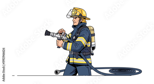 Illustration of a firefighter in uniform holding a hose