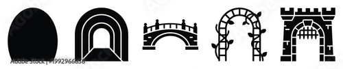 Collection of diverse archway and architectural structure silhouette icons for building and landscape design elements