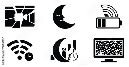 Black glyph icons for digital interfaces, showing device status and operational modes for various applications.