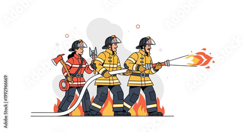 Firefighters in action with hose and axe in vector illustration