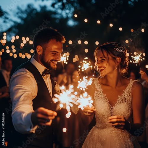 Celebratory couple with sparklers outdoor venue wedding ceremony romantic atmosphere close-up joyful love