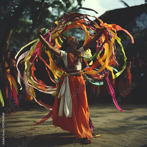 Colorful cultural dance performance traditional village event photography natural setting close-up view vibrant expressions