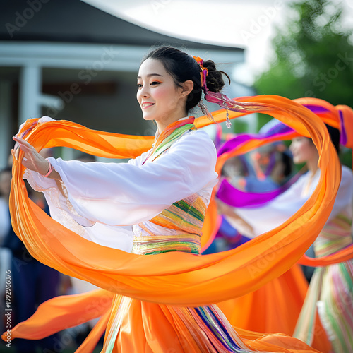 Graceful traditional dance performance by young women in colorful costumes outdoors celebrating cultural heritage