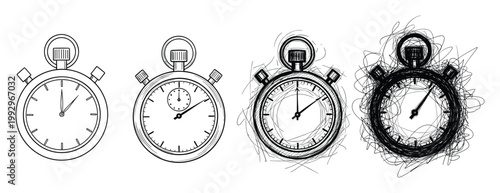 Stopwatch sequence depicting a visual evolution from clean line drawing to dynamic scribbled urgency concept