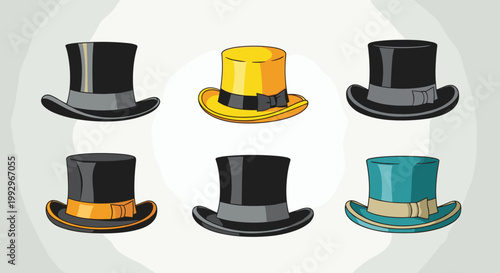 Collection of six stylish top hats in various colors including black, yellow, and teal displayed in a neat grid arrangement.