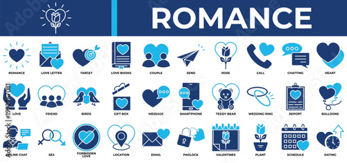 Romance icon set collection. Containing partner, sex, story, nostalgia, share, email, report .Solid vector icons collection
