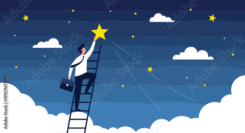 Determined businessman climbs a tall ladder into the starry night sky to reach and touch a bright yellow star for success.