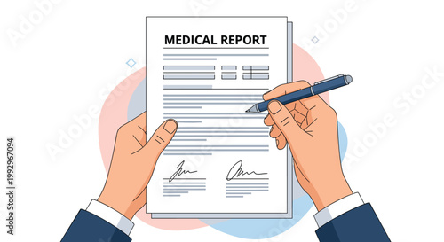 Doctor hands signing a medical report document with a pen on a blue and pink abstract background representing healthcare.