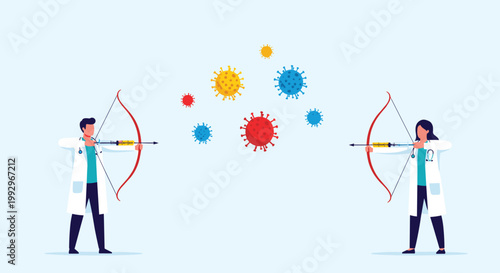 Male and female doctors using bows to shoot syringe arrows at colorful floating viruses in a fight against a global pandemic.
