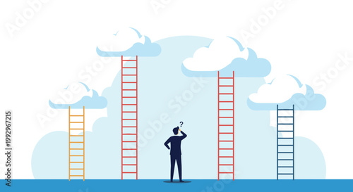 Confused businessman standing before several colorful ladders of different heights leading to clouds representing career choices.