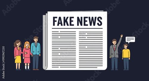 Large newspaper with a bold fake news headline surrounded by concerned business people and families on a dark background.
