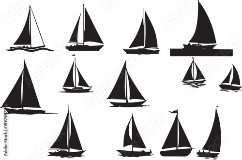 Sailboat icons, black sailboats, vector graphics, nautical symbols, boat illustrations