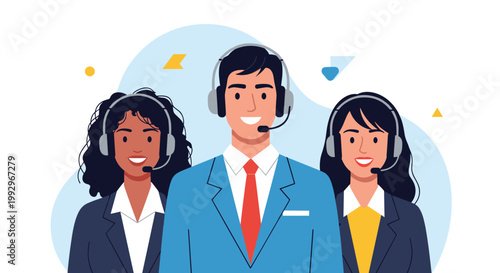 Professional customer service team with diverse agents wearing headsets ready to support clients and resolve issues efficiently.