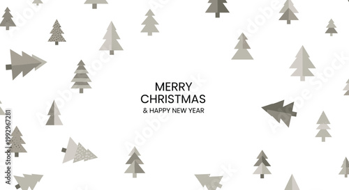 Merry christmas and happy new year greeting text centered among a pattern of minimalist geometric pine trees in grey tones.