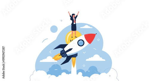 Successful business woman standing triumphantly on top of a launching rocket as a metaphor for rapid career growth and ambition.