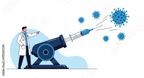 Brave doctor using a massive cannon to shoot a vaccine syringe at virus molecules to symbolize the fight against global disease.