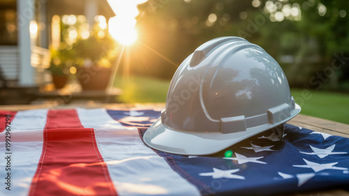 A grey construction hard hat rests on a folded American flag outdoors during a beautiful sunset or sunrise