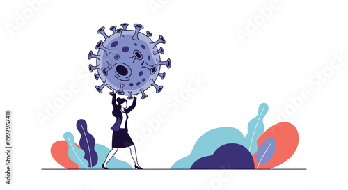 Healthcare professional carrying a massive coronavirus molecule on her shoulders as a metaphor for the burden of the pandemic.