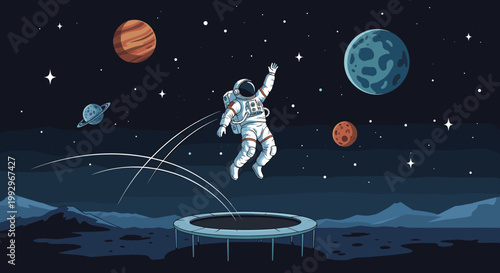 Astronaut in a space suit jumping high on a trampoline on the surface of the moon with planets and stars in the background.