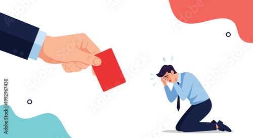 Large hand showing a red card to a kneeling businessman who is crying representing job termination or a penalty at work.