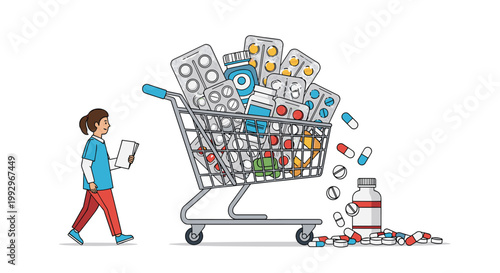 Person in medical scrubs walking with a trolley full of pill boxes and medicine bottles symbolizing high pharmaceutical costs.