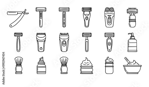 Razor outline icon set shaving tools grooming vector illustration collection