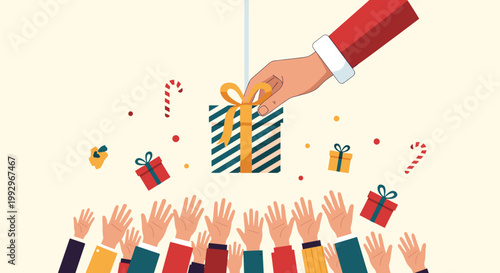 Large hand of Santa Claus lowers a striped gift box to a crowd of diverse people reaching up in anticipation of Christmas.
