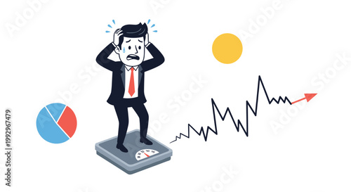 Stressed businessman stands on a scale while looking at a fluctuating line graph representing health or financial volatility.